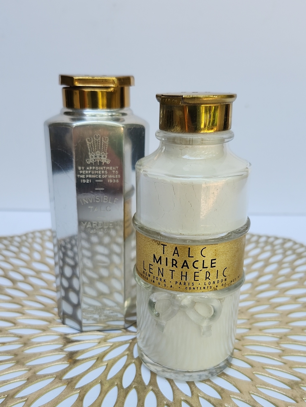 SET OF 2 VINTAGE TALCUM VANITY BOTTLES: LENTHERIC AND YARDLEY OF LONDON